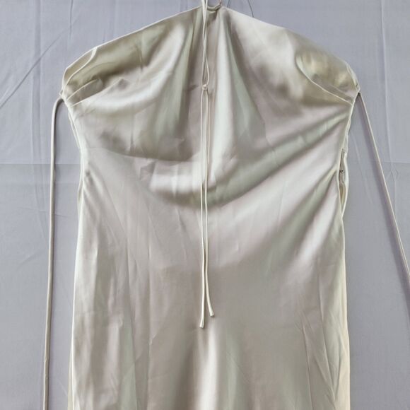 NWT MESHKI Ivana Ivory Sand Satin Halter Slinky Backless Mini Dress Tieback M - Picture 8 of 12